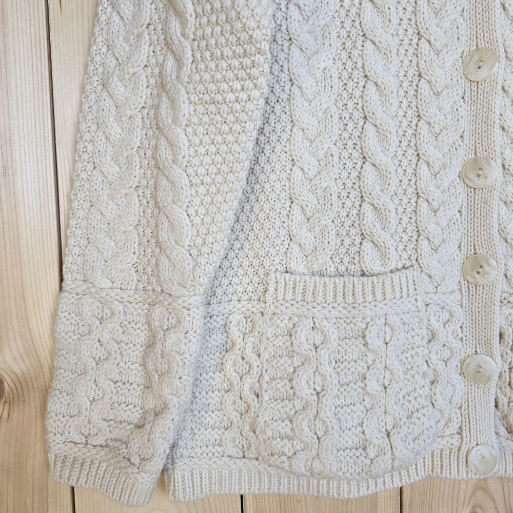 Aran Mor Ireland Cable Knit Cardigan Sweater Merino Wool Cream Womens Large - Picture 4 of 16